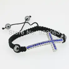 10pcs Fashion Blue Crystal White Gold Color Curved Sideways Cross Connector Bead Adjustable Black Macrame Rope Jewelry Bracelets