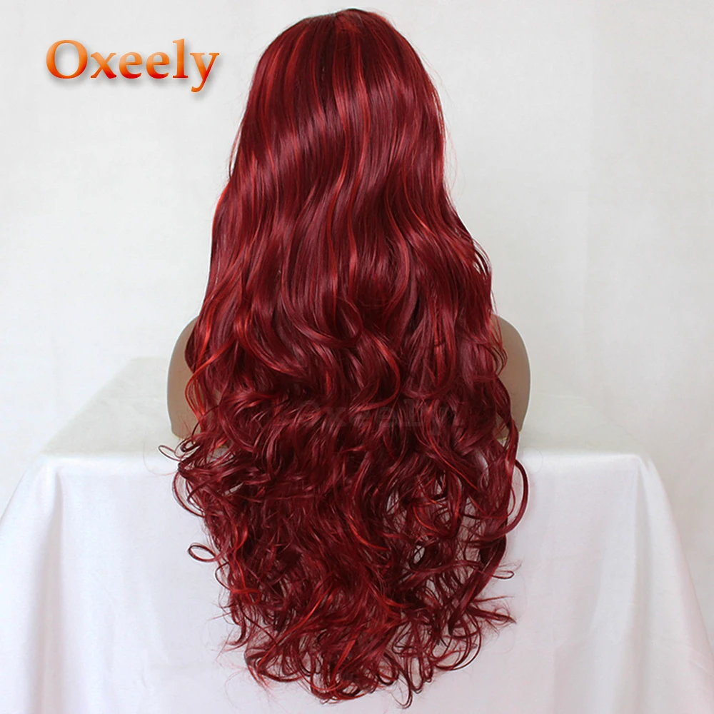 Oxeely Body Wavy Synthetic Lace Front Wig Long Hair Red/Burg Hair Free/Side Part Glueless Front Lace Wigs for Black Women