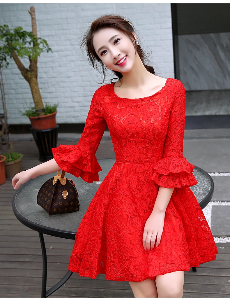 

Cute Red Lace Graduation Dresses 2019 Cheap Short Prom Dress With Lantern Half Sleeves Homecoming Dresses Cocktail Party Gowns