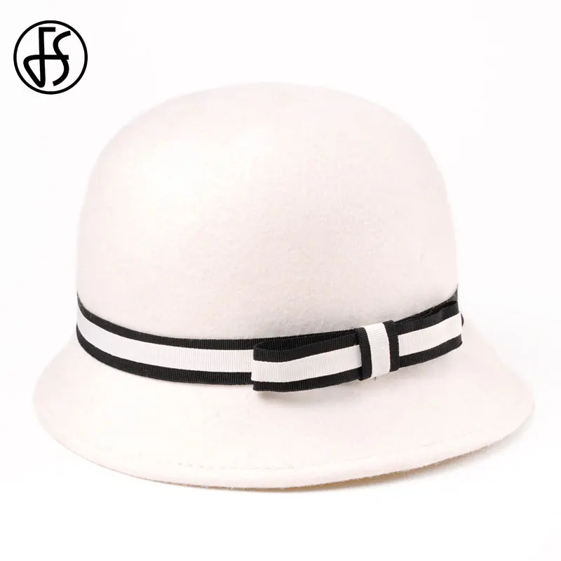 FS винтажная Женская шерстяная фетровая белая шляпа с бантом из ленты с широкими полями, фетровые церковные женские шапки, элегантная Зимняя шляпа-Клош, черные шапки