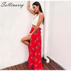 Sollinarry для женщин пикантные Boho Стиль Красный с цветочным принтом прямые макси юбки разделение пляж Jupe Longue Faldas Mujer юбка