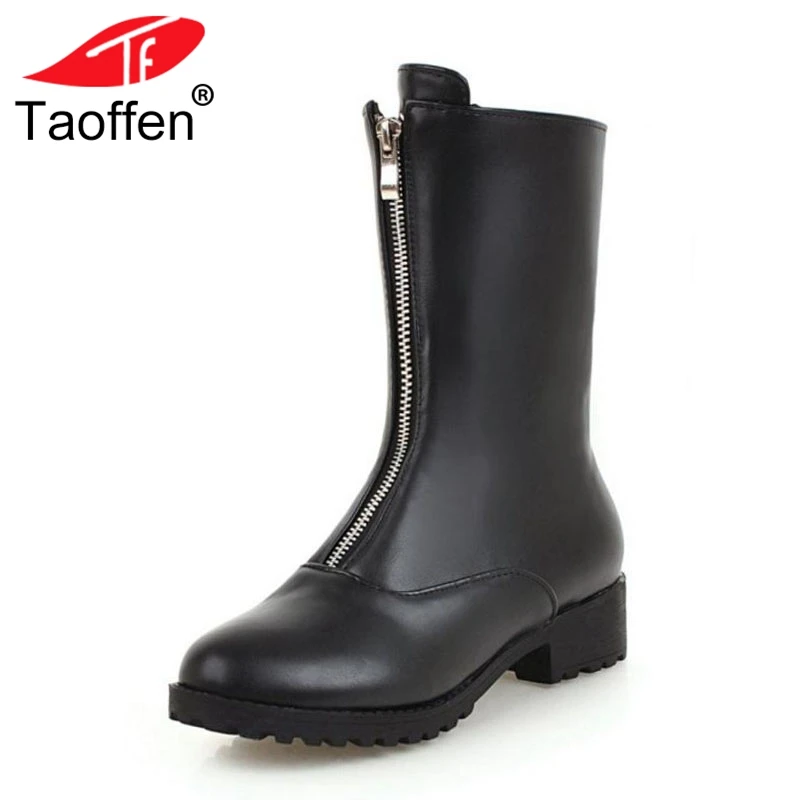 

TAOFFEN Plus Size 34-45 Fashion Women High Heels Boots Zipper Warm Fur Shoes Women Mid Calf Boots Winter Thick Heels Shoes