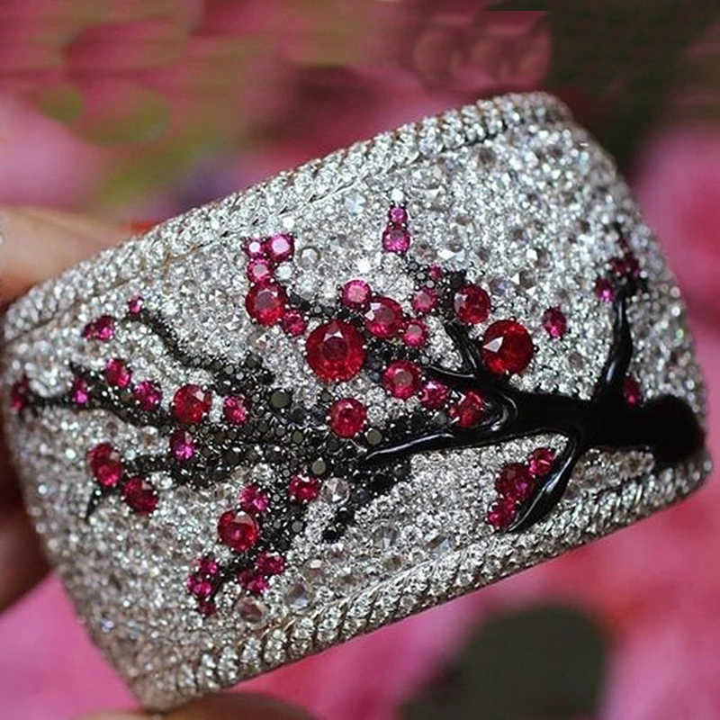 

Vintage Plum Tree Flower Blossom Paved Red Pink Rhinestones CZ Ring 2019 New Bohemia Cute Banquet Fine Jewelry Z5M171
