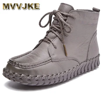 

MVVJKE New Design Genuine Leather Ankle Boots For Women Vintage Casual Shoes Handmade Cowhide Soft Flat Short Boots Women