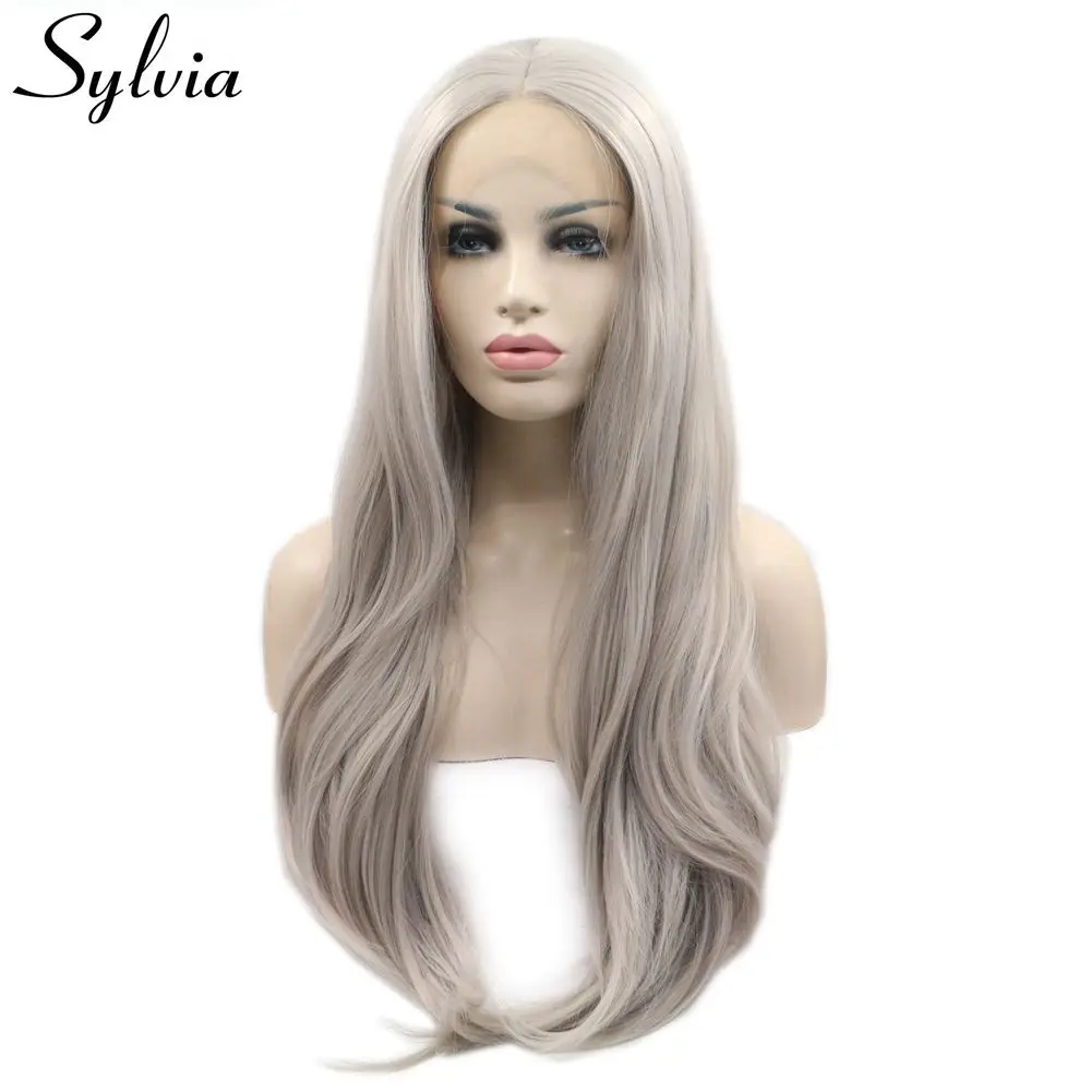 

Sylvia Ash Platinum Blonde Natural Straight Synthetic Lace Front Wigs Middle Part Long Heat Resistant Fiber Hair Half Hand Tied