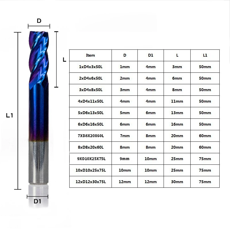 1pc 1-12mm HRC 50 Carbide End Mill 4 Flutes CNC Router Bit Nano Blue Coated Spiral Engraving Bit End Milling Cutter