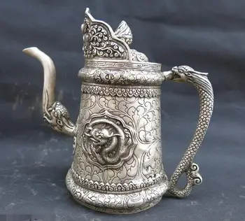 

10" China silver carved dragon buttered tea Teapot Sculpture Statue