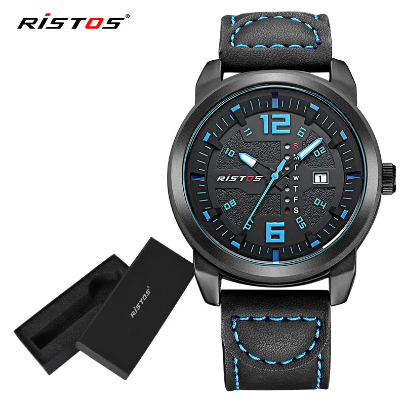 

RISTOS Sports Analog Quartz Watch Military Clock Male Genuine Leather Strap Men Wristwatch Relogio Masculino Mentre Hombre 93011