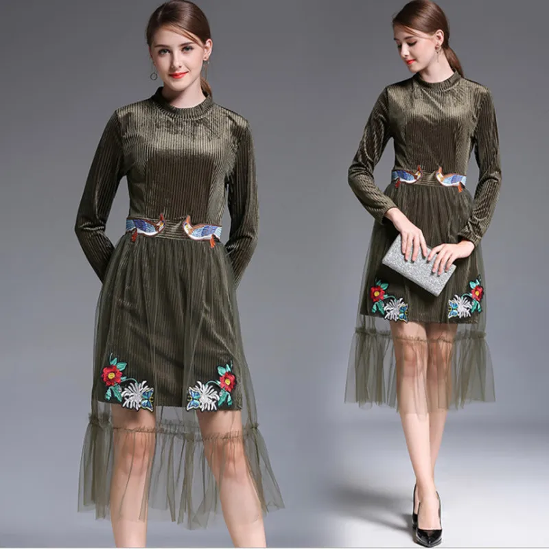 women embroidery velvet mesh patchwork elegant dress 1_