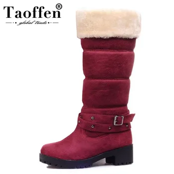 

TAOFFEN Women Half Short Boots Square Heels Winter Thicken Fur Warm Mid Calf Boot Bota Feminina Gladiator Botas Shoes Size 34-43