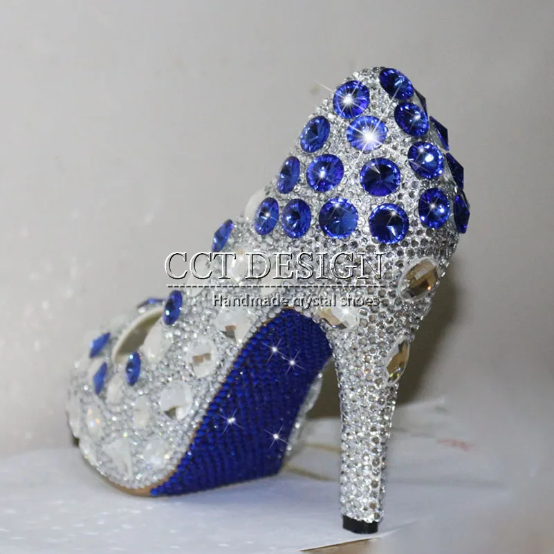 Sexy Women Low High Heels Peep Toe Glitter Blue Diamond Silver