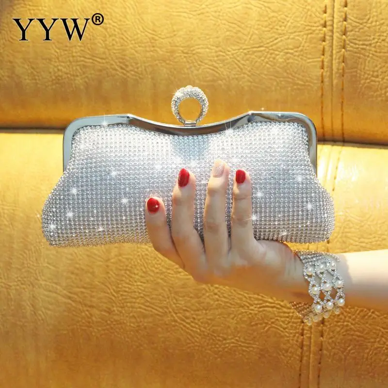 

2018 Small Mini Evening Bag Purse Women Elegant Ring Clutch With Rhinestone Party Wedding Clutches Chain Handbags Woman Gold