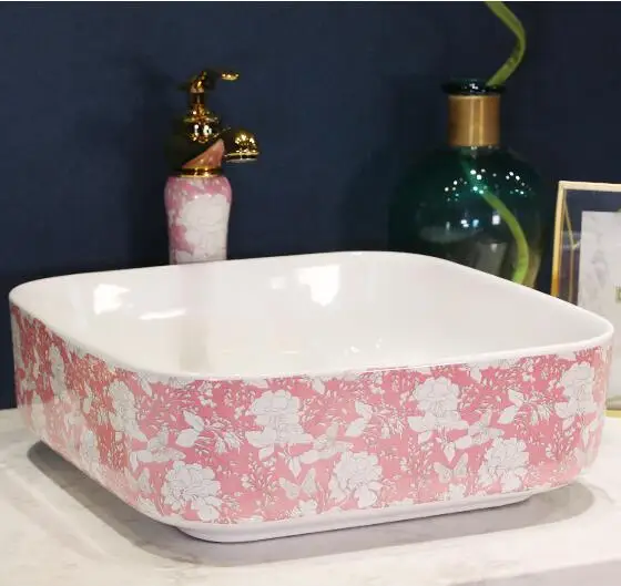 Square Rectangular Pink Sink Ceramic Bathroom Sink Wash Basinin