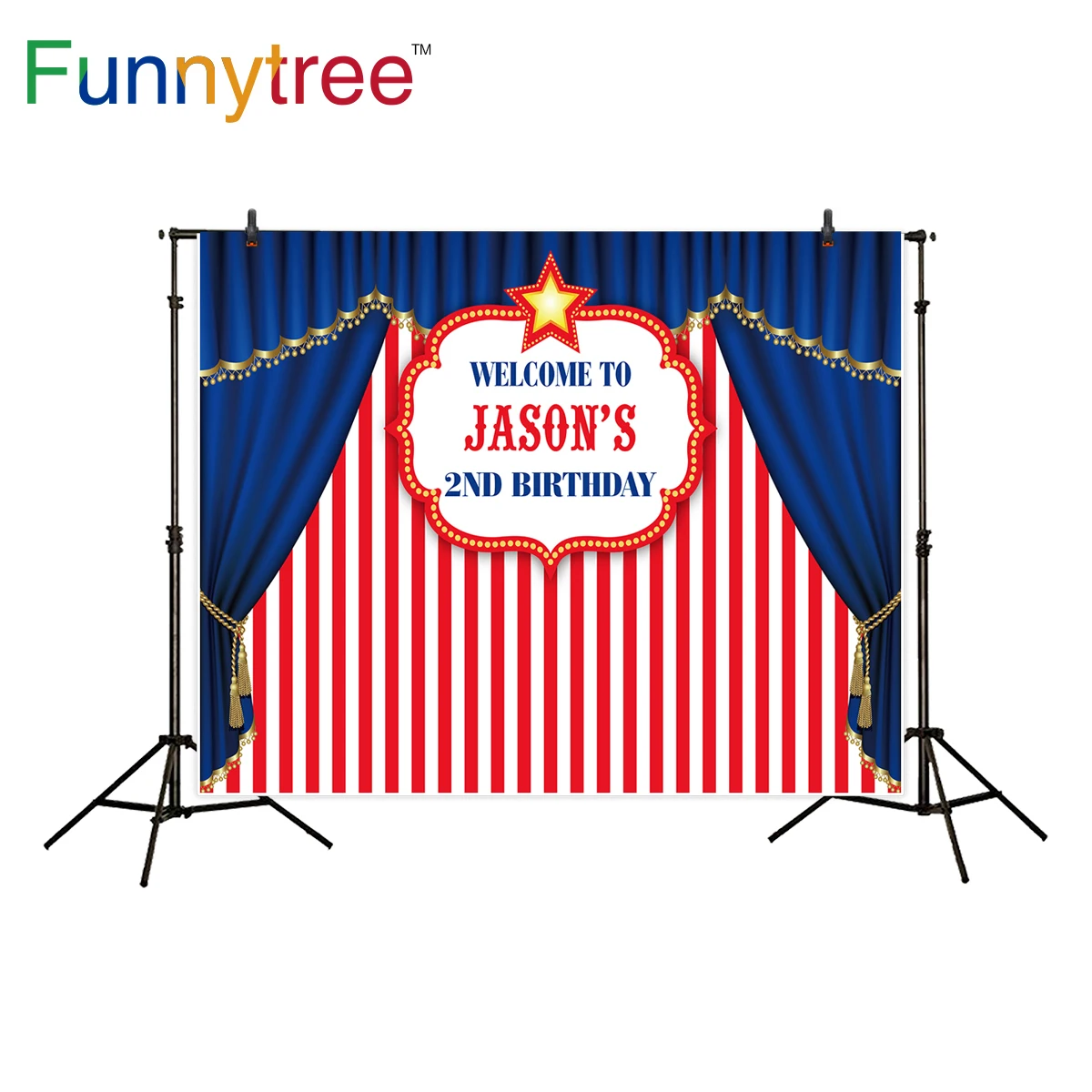 Фон Funnytree для фотостудии цирк день рождения красные синие полосы Настроить