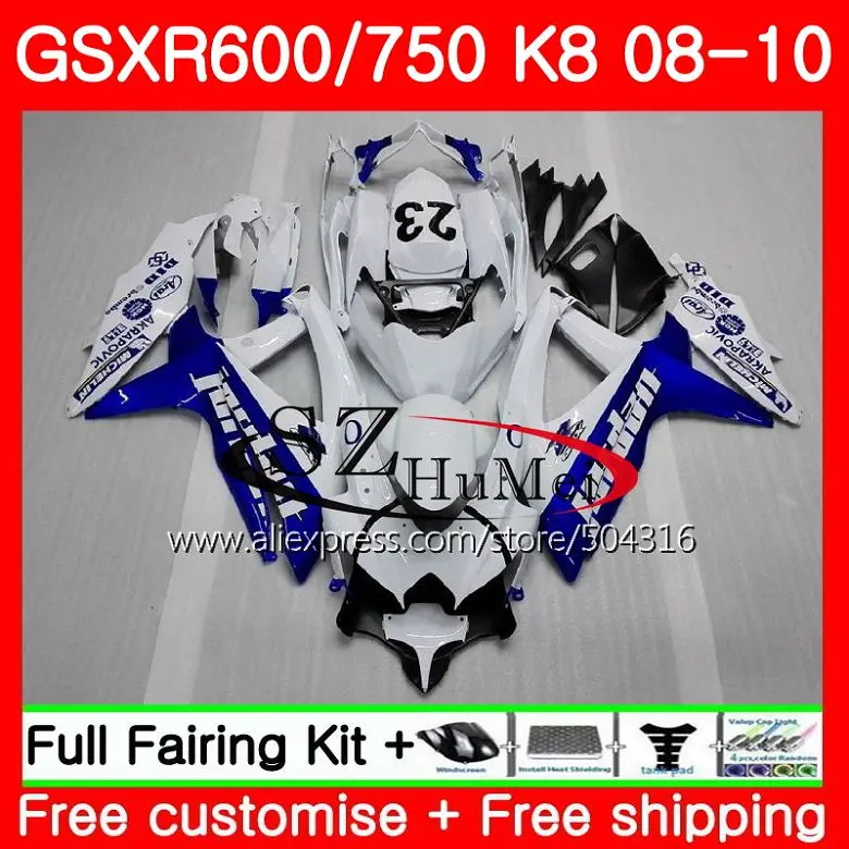 

white blue Body For SUZUKI GSXR 750 GSX-R750 K8 GSXR 600 08 10 32HS22 GSXR750 08 09 10 GSX-R600 GSXR600 2008 2009 2010 Fairing