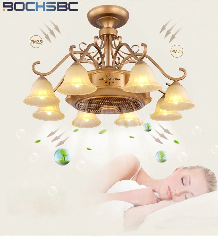 BOCHSBC Европейский светодиодный металлический потолочный вентилятор свет анион подвесные лампы для ресторана столовой гостиной спальни