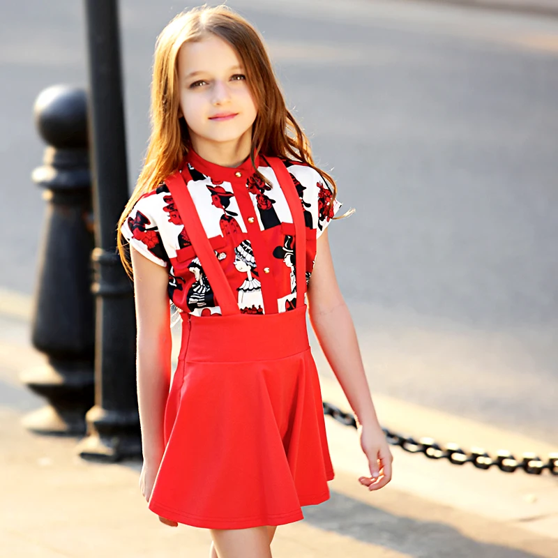 

Cute Teenage Girls Dress Summer Casual Girl Birthday Dress Chiffon Blouse Shirt+Cotton Dress Clothing Sets for Teens Girl FC6026