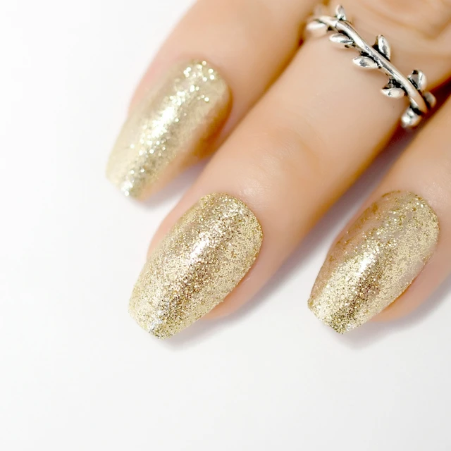 Square Glittery Coffin Light Gold Fake Nails Full Cover Glitter Square Glittery Coffin Light Gold Fake Nails Full Cover Glitter Sparkly Diy Acrylic Nail Art Tips