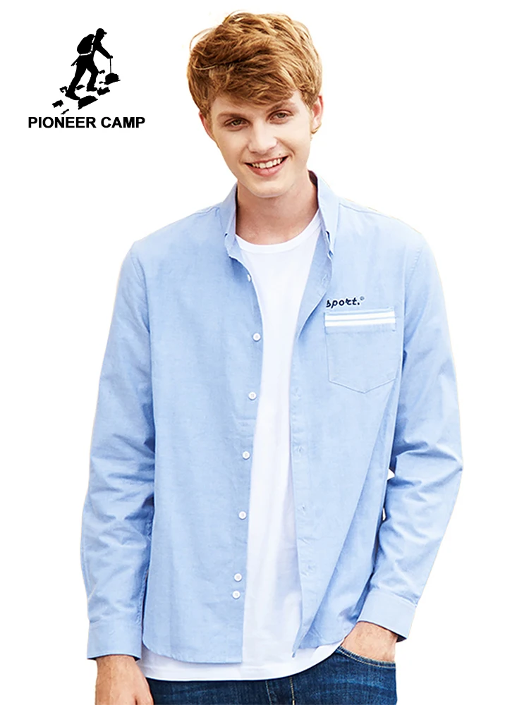 Мужская рубашка Pioneer Camp Повседневная светло-синяя с длинным рукавом на