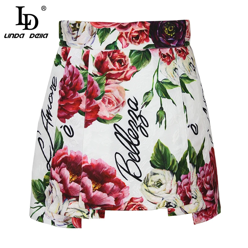 LD LINDA DELLA New 2018 Summer Fashion Designer Skirts Women Elegant Flower Printed Asymmetrical Skirts High Quality Skirts
