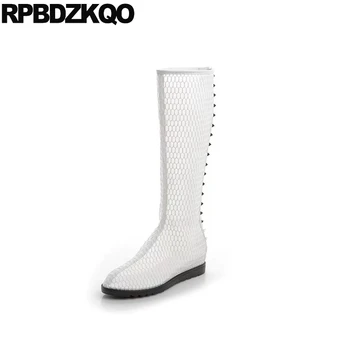 

white flat boots luxury brand shoes women 2018 rivet mesh designer round toe cut out stud summer sandals knee high cutout long