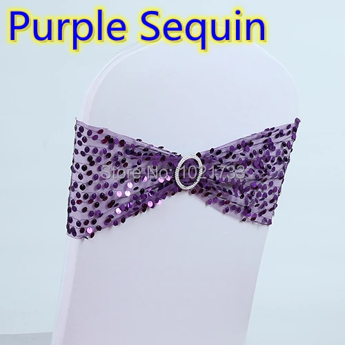 

Purple colour bridal sash belt with round buckles for chair covers lace with sequin lycra band spandex chair sash bow tie sale