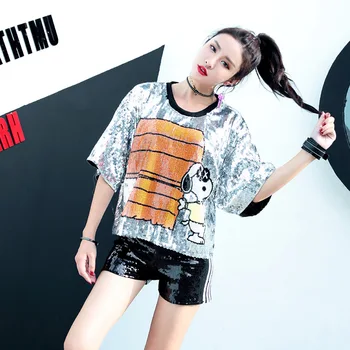

European station 2019 summer cute dog short paragraph sequins loose ladies short-sleeved street personality T-shirt female