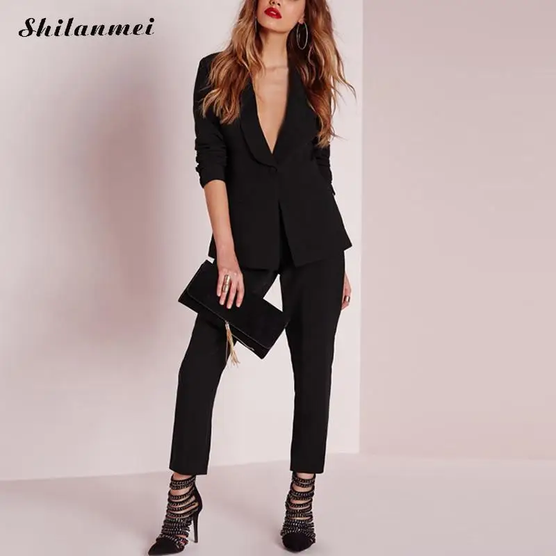 Black Office Pants Suit Set Female Casual Slim Elegant Women'S Suits Coat V Neck Sexy Chic Set Suit Blazer or Pants