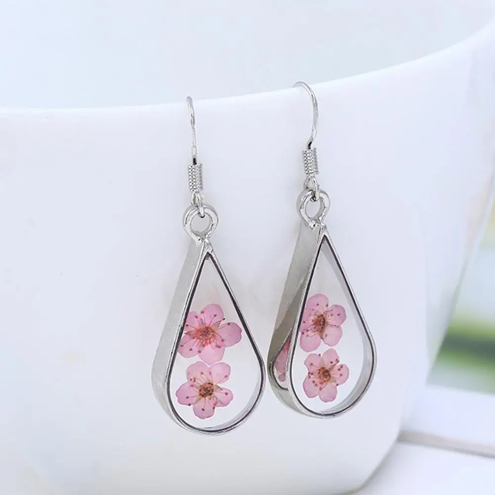 

2018 New Hand Made Glass Frame Water Drop Shape Anti-allergy Real Colordul Dried Flowers Earrings For Women Girls Wedding