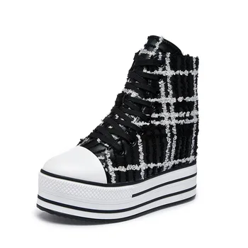 

2019 Platform Lace-up Ankle Autumn Shoes Women Boots Gingham Height Increasing Ladies Shoes Leather Fashion Wedge Sneaker Boot
