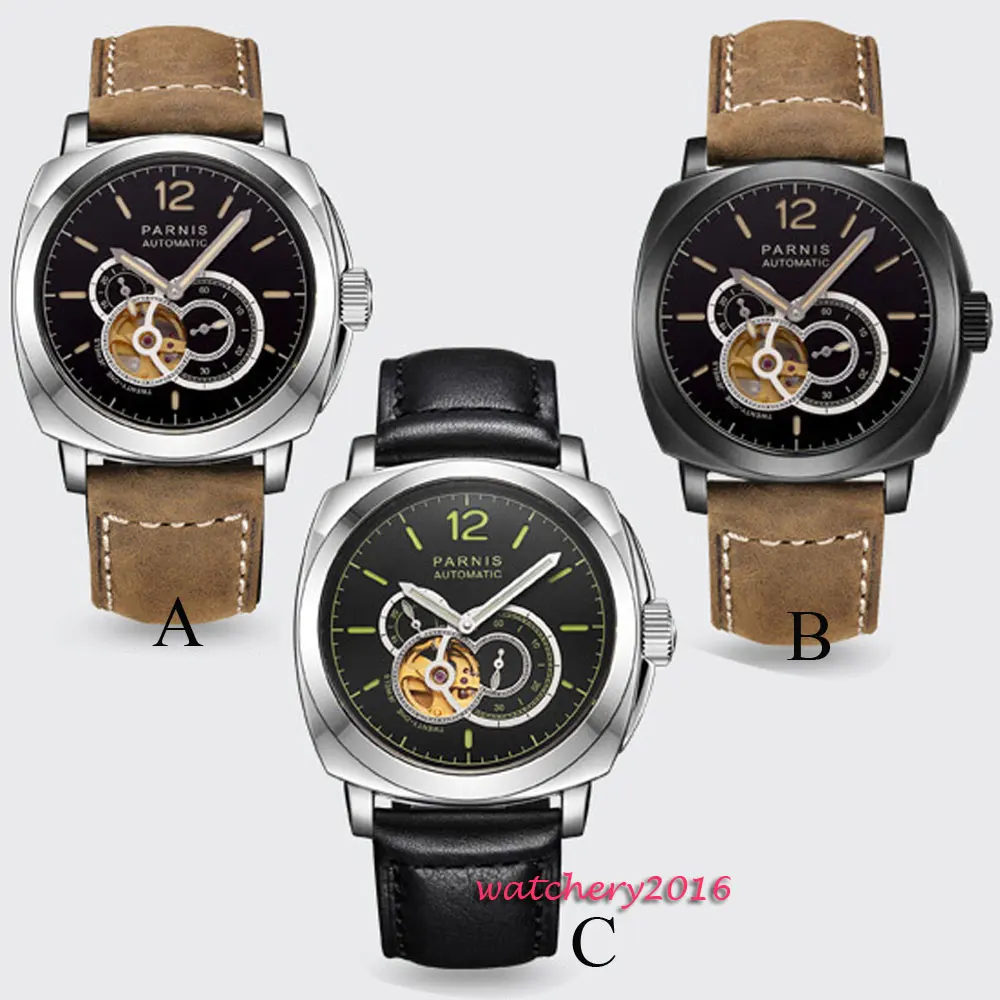 2018 أحدث 44 ملليمتر الساخن parnis الأسود الهاتفي مضيئة علامات الفولاذ المقاوم للصدأ الياقوت الكريستال MIYOTA التلقائي الميكانيكية ساعة رجالي