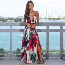 Vestidos largos florales con tirantes para mujer, vestidos de verano Boho con cuello en V para fiesta sin mangas playa impresión Floral Maxi vestido Casual