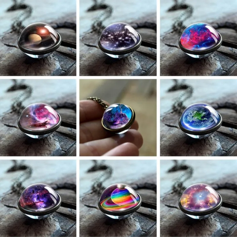 

2019 New Nebula Galaxy Double Sided Pendant Necklace Universe Planet Jewelry Glass Art Picture Handmade Statement Necklace