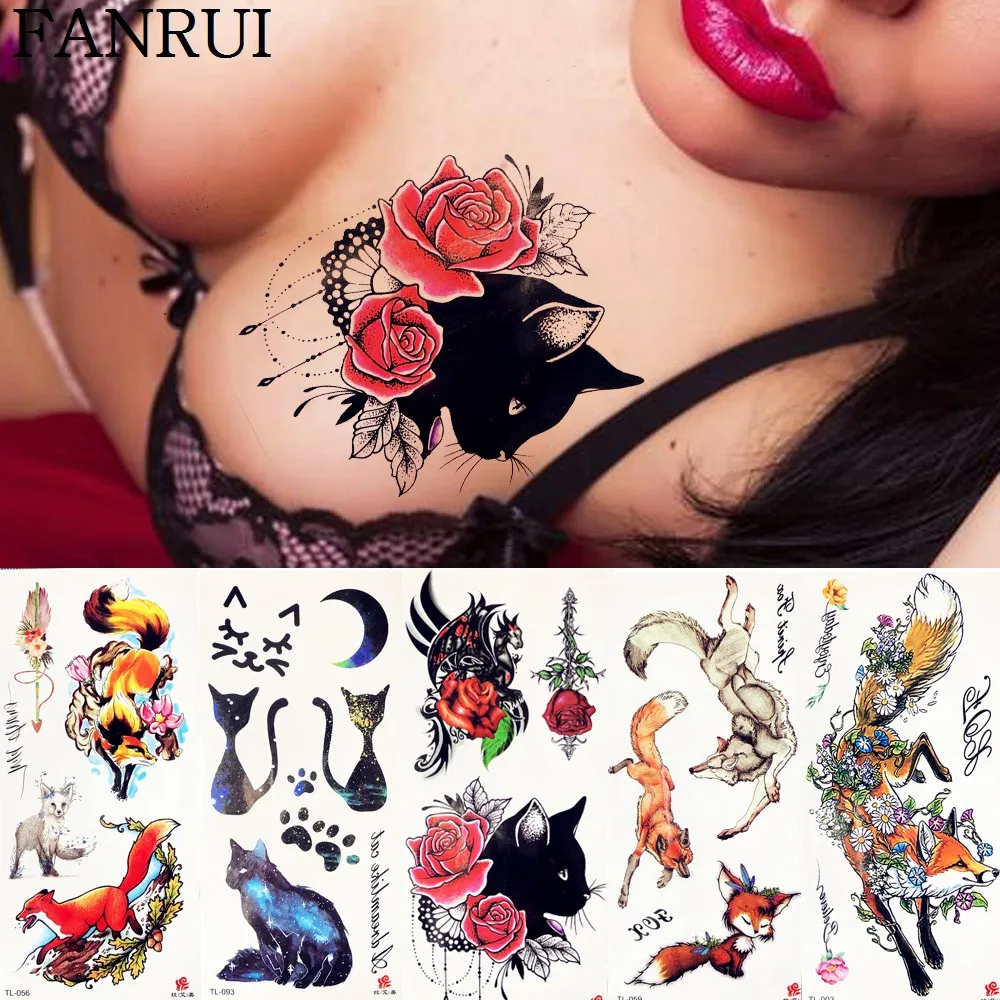 

3D Sexy Black Cats Flower Tattoo Stickers Women Chest Water Transfer Flash Temporary Tattoo Girls Waist Arm Fake Tatoos Neck