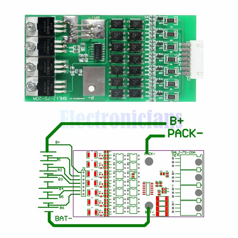 Автоматическая защита! 7S 20A 24V литий-ионный аккумулятор 18650 BMS пакеты Щит защиты печатной платы с совпадающим кабелем