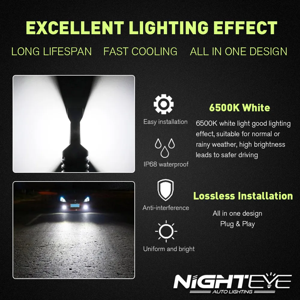 NIGHTEYE 2 шт. H8 H11 Светодиодный светильник HB4 9006 HB3 9005 H1 светодиодный противотуманный светильник для авто вождения автомобиля DRL лампа 6500k белая Автомобильная противотуманная фара