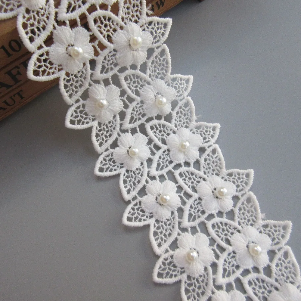 

1 Meter 62mm White Double Edge Flower with Bead Lace Trim Ribbon Embroidered Applique Sewing Craft Crochet Wedding Dress Clothes