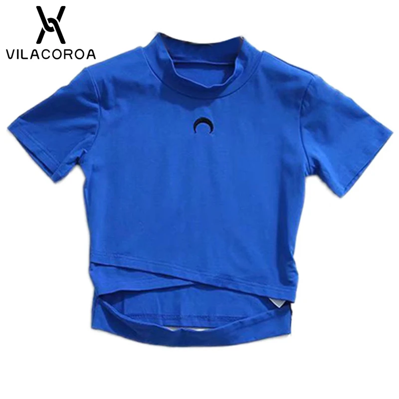 Летняя повседневная спортивная женская футболка в стиле Харадзюку красного и черного цвета, футболка с круглым вырезом и коротким рукавом, футболка с высокой талией, женские блузы - Цвет: Синий