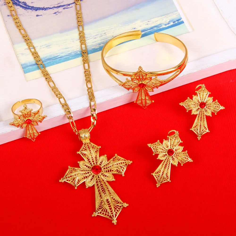 Комплект украшений из крестов, золотого цвета, ожерелье, серьги, кольцо, браслет Habesha, африканские свадебные подарки