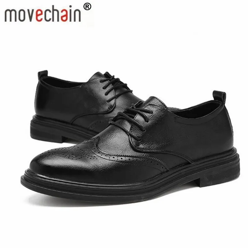 

movechain Fashion Men's Leather Brogue Shoes Mens Lace-Up Dress Business Flats Man Vintage Carved Casual Wedding Party Oxfords