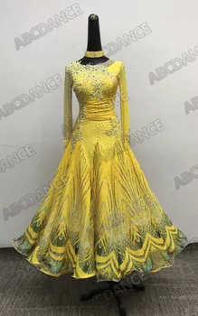 

Ballroom dance dress Color Yellow Modern Dance Long Sleeve Ballroom Dance Costume National Standard Waltz Dress