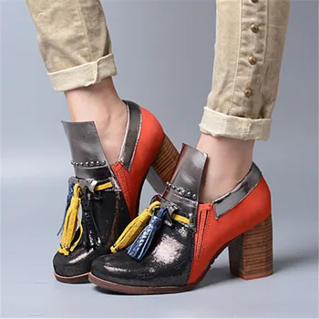 

Patchwork Women Chunky High Heels Fringed Genuine Leather Slip On Ankle Boots Women Platform Pumps Valentine Shoes