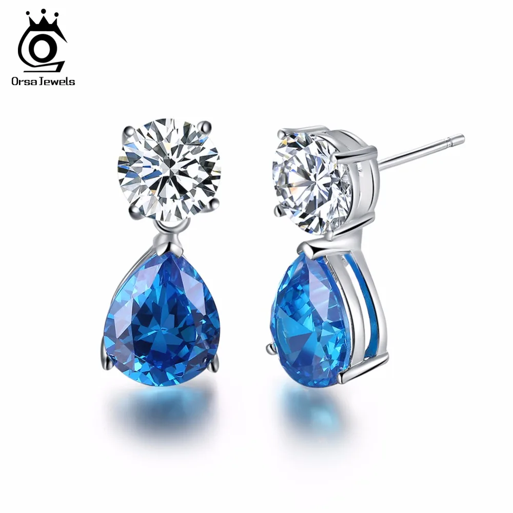 

ORSA JEWELS 2019 Unique Silver Color Earrings Stud with 2ct AAA Austria Stone Dangling Charm Blue Water Drop CZ for Women OE152