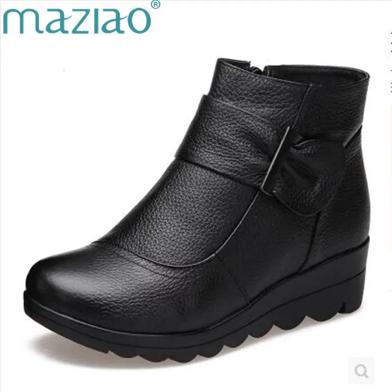 

MAZIAO 2018 Winter women shoes cotton-padded wedge boots genuine leather ankle boots buckle Snow Boots size 35-41