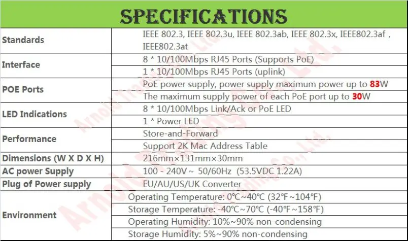 Заменить Tenda TEF1109P-8-63W, 9-Порты и разъёмы 100 Мбит/с Fast Ethernet сетевой переключатель PoE 802.3af/при температуре не выше 100 м 83 W PoE Мощность 4KV lightningprotect