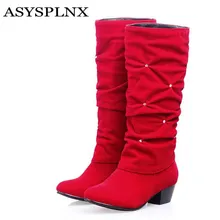 

soft nubuck leather Black/Red/Blue solid colour women square heel mid-calf boots,2014 winter pleated Diamond ladies shoes