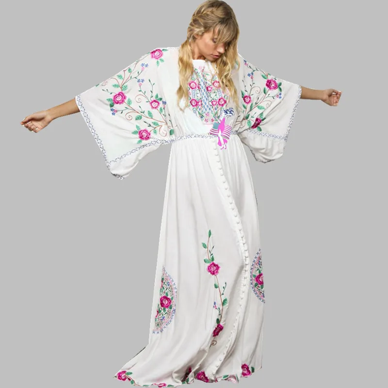 HAMALIEL Boho Макси вышивка цветочный пляжное вечернее платье Лето г. для женщин белый хлопок однобортный рукав "летучая мышь" длинное