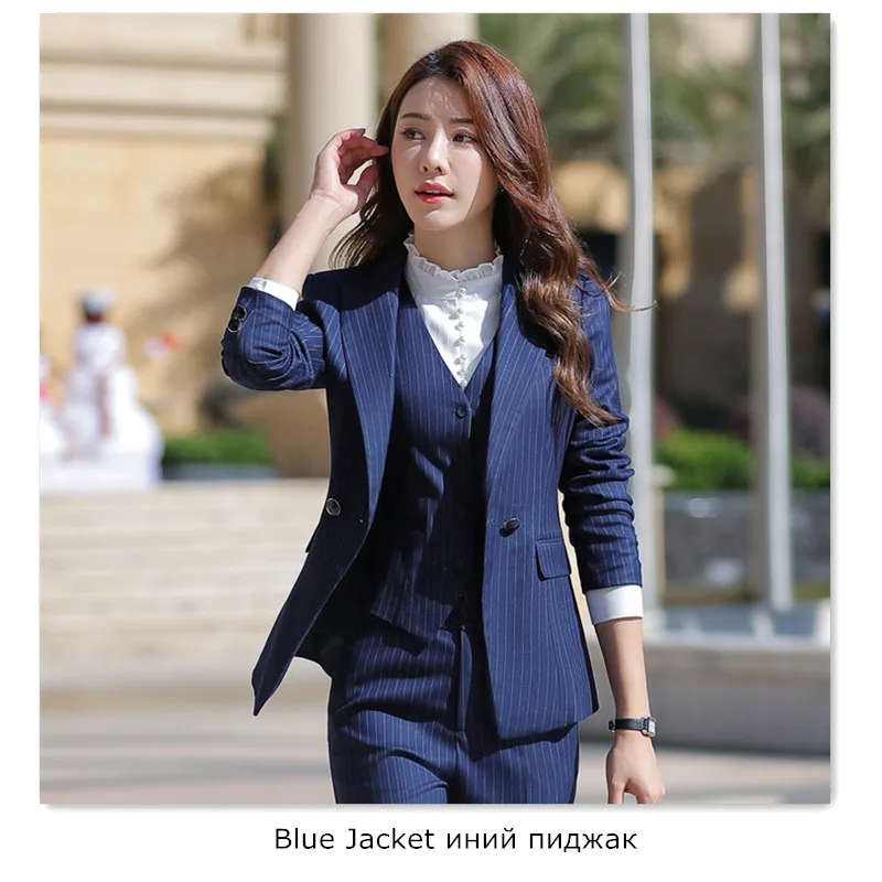 blue jacket Женский комплект из двух предметов, элегантный полосатый блейзер с длинными рукавами+ юбка, комплект из 2 предметов, карьера в бизнесе, юбка, костюмы, офисная одежда, KY80869 - Цвет: blue jacket