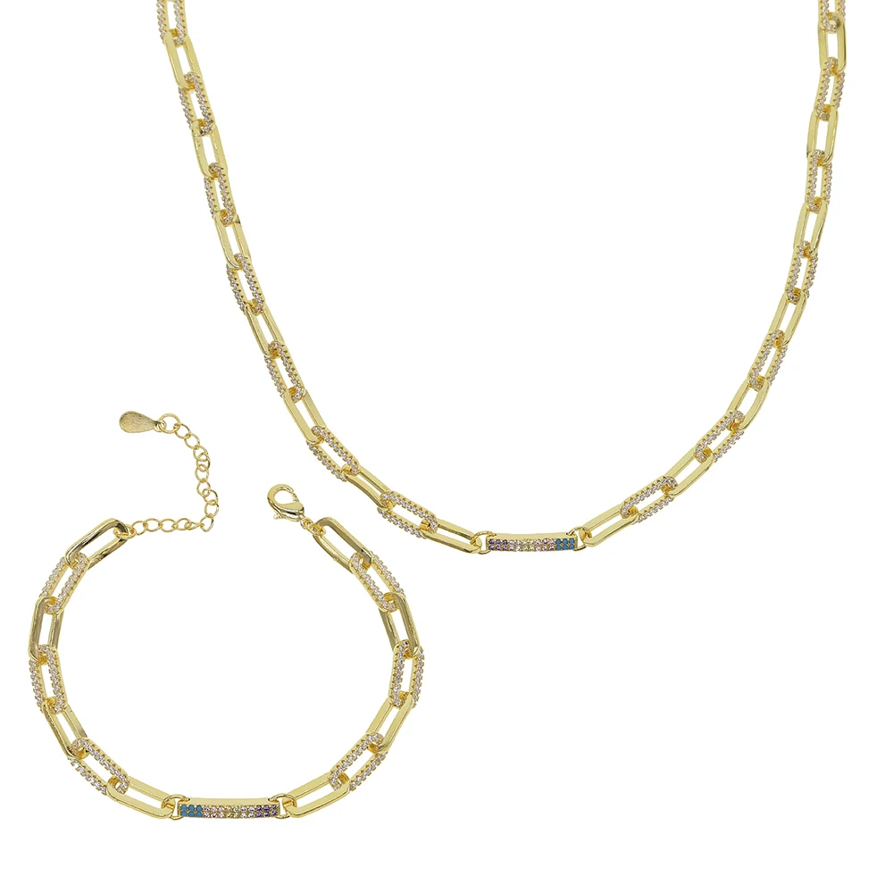 

fashion women gold color link chain rainbow CZ bar Necklace Delicate charm colorful jewelry necklace for wedding jewelry