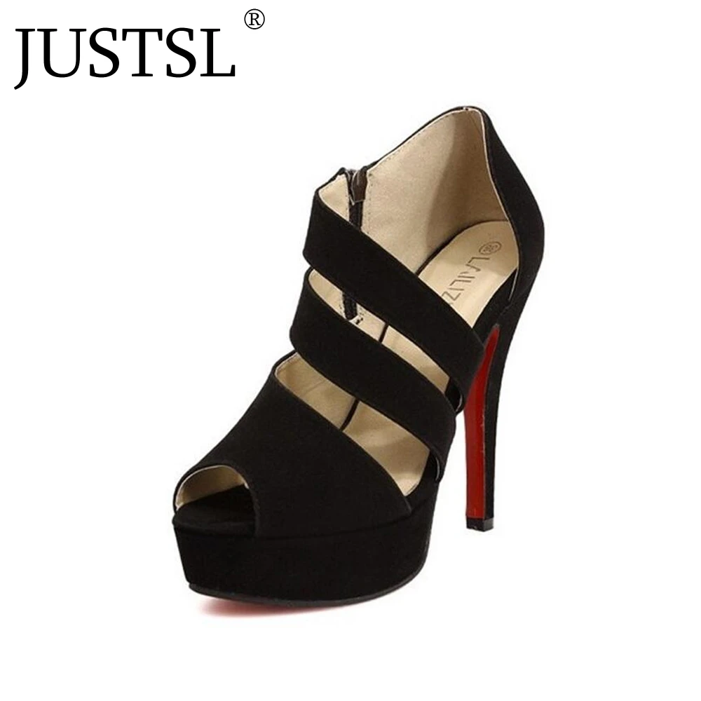 

JUSTSL 2018 Summer female Europe style shoes fish mouth High-heeled Roman sandals woman fashion Hollow thin heels shoes